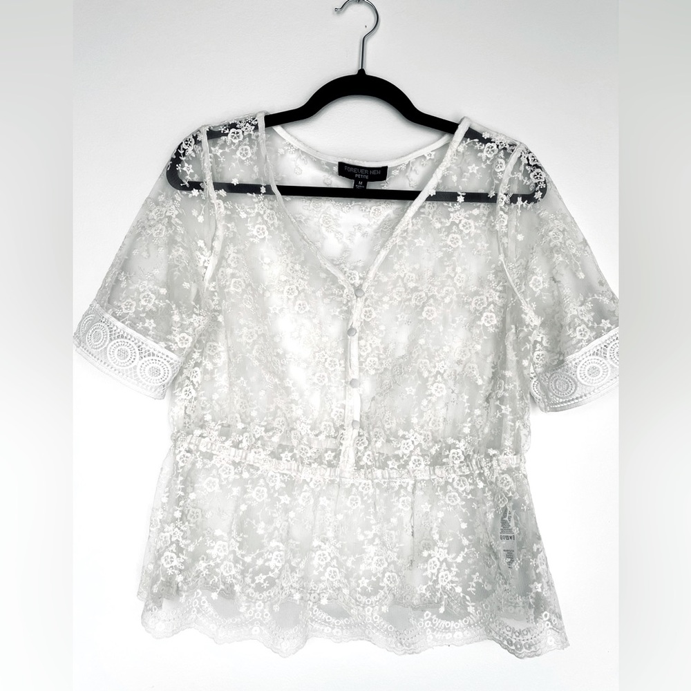 ASOS Lace synched waist white floral bohemian blouse size M